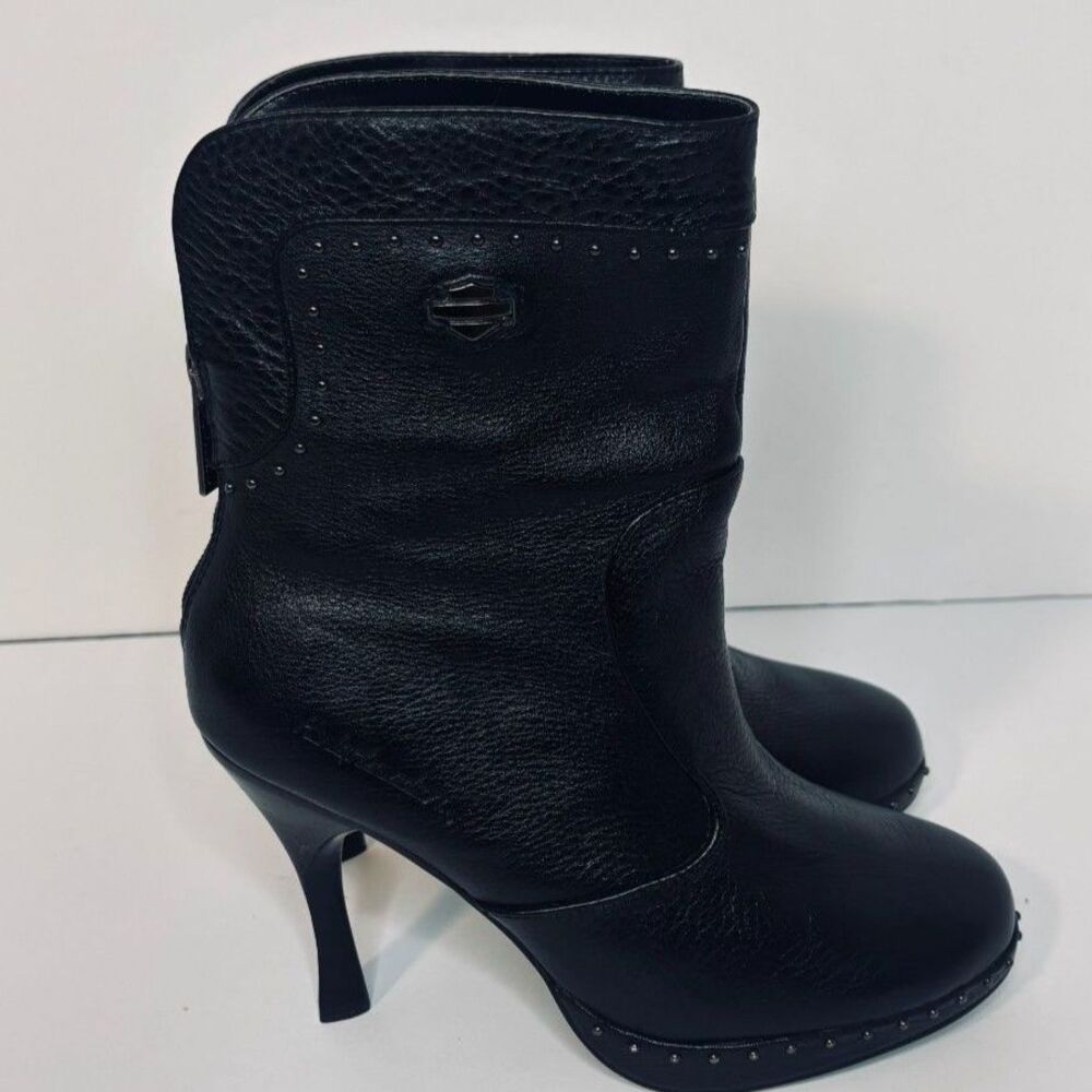 Harley-Davidson Black Leather Studded Platform Heel Ankle Boots Womens 6.5